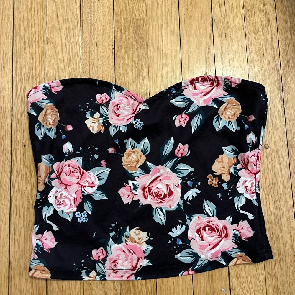 SHEIN Black Strapless Floral Bustier Top with Pink Roses